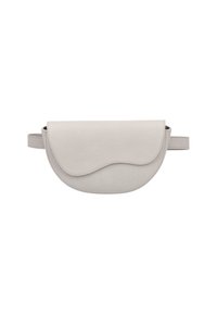 Geantă crossbody din piele gri deschis, cu un design cu clapetă curbată, textură netedă și curea reglabilă. Stil minimalist, fără accesorii vizibile.