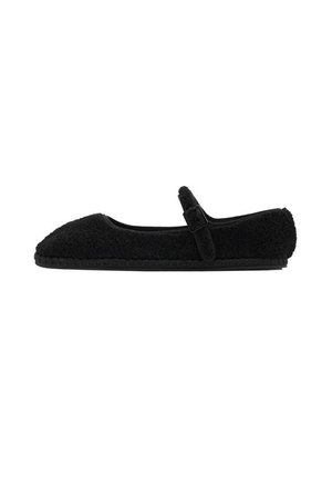 Black Mary Jane slipper with fuzzy texture, rounded toe, adjustable strap, and flat textured sole, shown in side profile on white background.