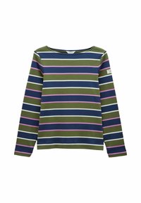 Pikad varrukad ja horisontaalsed triibud tumesinises, oliivrohelises, valges ja roosas, ümmargune kaelus ja väike logopatch varrukal.