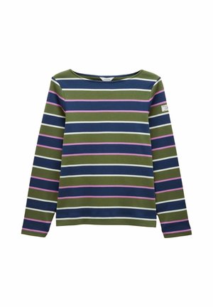 Majica z dolgimi rokavi s horizontalnimi črtami v mornarsko modri, olivno zeleni, beli in roza barvi, s krožno izrezom in majhnim logotipom na roki.