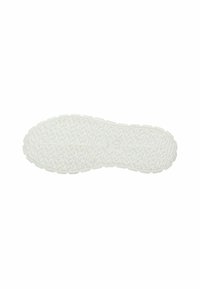Suela de zapato de goma blanca con un patrón de relieve texturizado, que presenta acentos elevados y surcos para mayor tracción. Logo grabado en el centro.