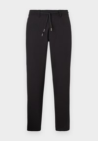 Pantaloni negri cu talie ajustabilă, design slim-fit, textură netedă și accente de metal. Fără buzunare vizibile.