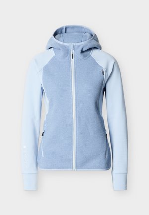 Sweat à capuche zippé bleu clair avec panneau avant texturé, manches lisses, capuche intégrée, et poches latérales zippées, présenté sur fond blanc.
