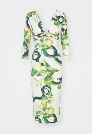 Pitkähihainen mekko, jossa on syvä V-pääntie, kukka- ja käärmeprintti vihreänä, keltaisena ja valkoisena, rakennekangasta ja koristeellinen viimeistely.