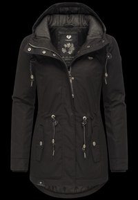 Černá parka s texturovanou podšívkou, nastavitelné šňůrky v kapuci a v pase, a dvě přední kapsy se zacvakávacími uzávěry.