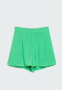 Shorts verde a pieghe con vita alta. Realizzati in tessuto testurizzato, presentano tasche laterali e una cintura pulita.