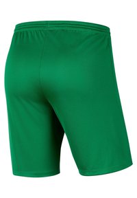 Shorts de sport verts en matériau synthétique lisse avec une taille élastique et un design simple, sans embellissements.