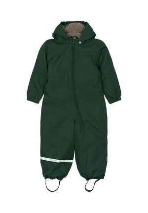 Grøn, vandtæt heldragt med hætte, lynlås foran og elastiske manchetter. Har en hvid reflekterende stribe på benene.