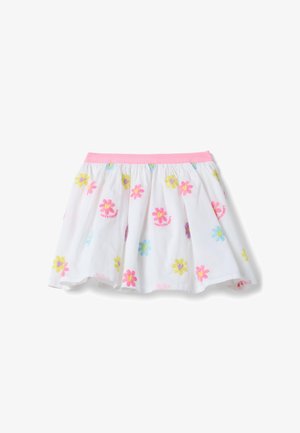 Gonna bianca con cinturino rosa, decorata con fiori ricamati colorati in rosa, giallo, blu e viola.