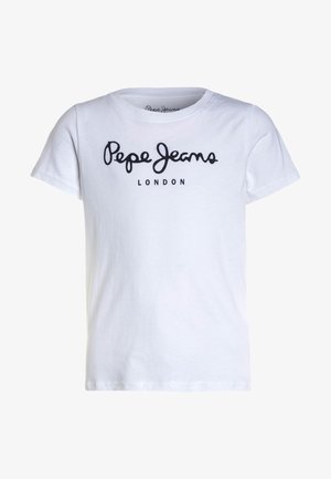 Bílá bavlněná tričko s krátkým rukávem. Zdobeno černým kurzívním logem "Pepe Jeans" a textem "LONDON" níže. Jednoduchý kulatý výstřih.