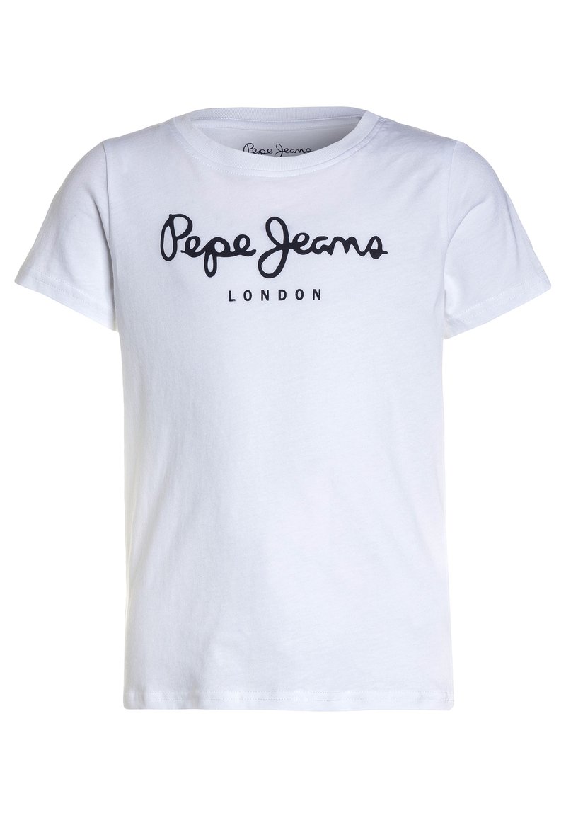 Bílá bavlněná tričko s krátkým rukávem. Zdobeno černým kurzívním logem "Pepe Jeans" a textem "LONDON" níže. Jednoduchý kulatý výstřih.