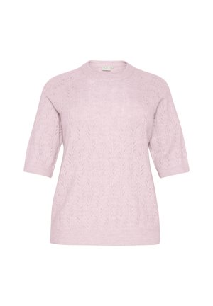 Pulover tricotat de culoare roz deschis, cu mâneci scurte, având un model texturat de frunze pe întreaga suprafață și un guler rotund. Material moale și ușor.