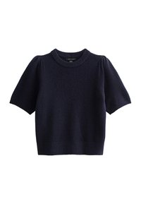 Maglione a maniche corte blu navy con colletto rotondo a coste. Presenta un tessuto testurizzato e maniche a sbuffo, progettato per un fit rilassato.
