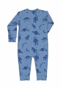 Blå långärmad babyromper med mörkblå rymdteman tryck som inkluderar astronauter, raketer, planeter, UFO:er, stjärnor och halvmånar.