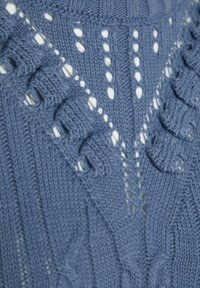 Gros plan sur un tissu bleu tricoté avec des motifs torsadés et en dentelle présentant des rangées verticales et des détails ajourés.