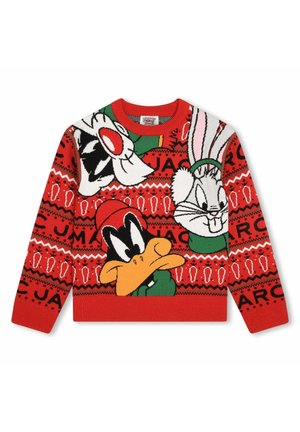 Pull rouge en tricot avec des personnages de bande dessinée, y compris Bugs Bunny et Daffy Duck, avec divers motifs et accents en vert, noir et blanc.