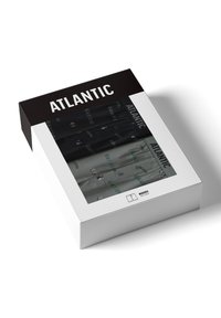 Zestaw bokserków w czarnych i szarych materiałach, z wzorami w zielonych akcentach. Opakowanie ma przezroczyste okno i wyraźne logo "ATLANTIC".