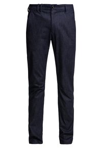 Dark blue denim trousers with a slim fit, featuring a belt looped waistband, zip fly, and front pockets. Smooth texture, minimal detailing.