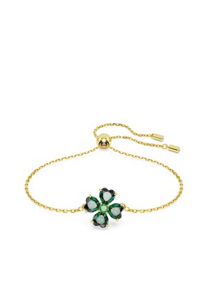 Bracciale in oro con design a quattro petali, arricchito da gemme verdi e nere, sicuro grazie a un fermaglio scorrevole regolabile.