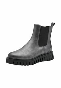 Bottines Chelsea en cuir gris avec panneau élastique noir sur les côtés, tirette au talon, et semelle en caoutchouc noir épaisse et nervurée.