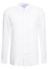 Biała koszula z długim rękawem, wykonana z lekkiego materiału, z kołnierzykiem mandarynka, zapięciem na guziki z przodu, pojedynczą kieszenią na piersi i kontrastowym wykończeniem dolnej krawędzi.