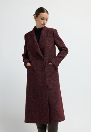 Bordeaux herringbone wol coat met een dubbelzijdig ontwerp, gekartelde revers, grote zakken en een middellange snit.