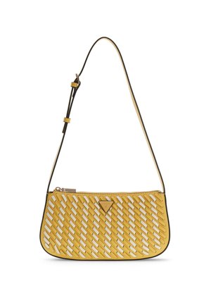 Yellow leather shoulder bag with woven diagonal strips and a triangular metal logo plaque, featuring an adjustable thin strap.