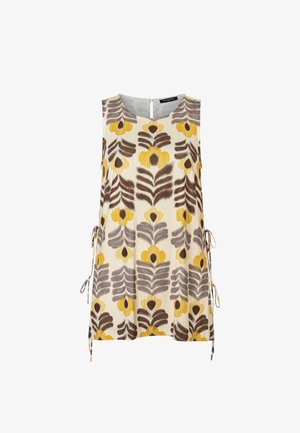 Ärmelloses beiges Top mit gelben und braunen floralen Blattmustern und seitlichen Bändchen, mit rundem Ausschnitt und Reißverschluss auf der Rückseite.