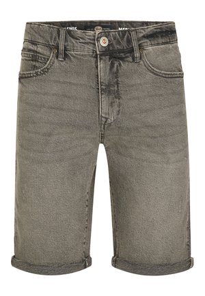 Grijze denim korte herenbroek met omgeslagen pijpen, voorste knoop en rits, riemlussen en stijl met vijf zakken.