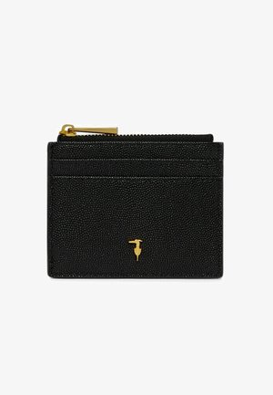 Schwarzer Kartenhalter aus strukturiertem Leder mit drei Kartenfächern, Reißverschlusstasche in Gold und kleinem goldfarbenem Vogel-Logo auf der Vorderseite.
