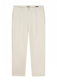 Pantalons plissés de couleur crème en tissu léger. Équipés d'une fermeture à bouton et de deux poches avant avec des jambes droites.