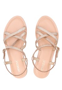 Sandalen met banden, met een nude leren basis, metallic bronzen banden en een verstelbare enkelgesp voor een veilige pasvorm.