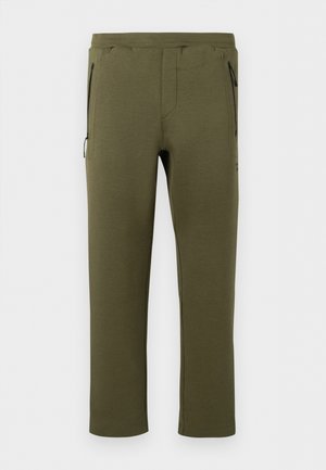Pantalon olive à jambes droites avec taille élastique et deux poches latérales zippées, design simple, vue de face sur fond blanc.