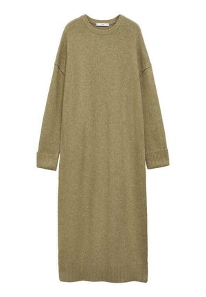 Knit, knee-length dress in olive green with a loose fit, round neck, and long sleeves. Features ribbed cuffs and hem. Soft texture.