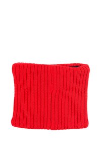 Rode gebreide nekgaiter met verticale ribstructuur, zachte afwerking en een cilindrische vorm. Open aan beide uiteinden, zonder extra versieringen.