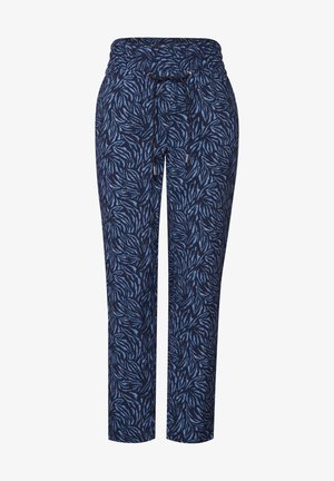Pantalones de color azul marino con un estampado de hojas en azul claro. Cuentan con una cintura elástica con cordón y un corte relajado. Están hechos de una tela suave.