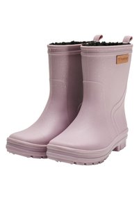 Bottes de pluie en caoutchouc rose avec une surface texturée, des bords ajustables, un doublure en fausse fourrure noire, et un effet pailleté léger sur le matériau.