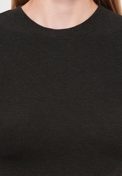 Dark ribbed knit top with a round neckline. Fabric appears soft and textured, featuring a closely woven pattern in dark color.