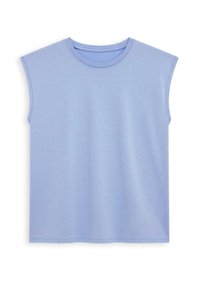 T-shirt sans manches bleu clair en coton doux. Présente un col rond et une texture lisse, avec des détails de couture à l'ourlet.
