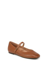 Chaussure plate beige en cuir avec un bout arrondi et une lanière au niveau du métatarse. Présente un petit accent en triangle inversé sur la lanière.