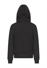 Zwarte capuchontrui met een ribgebreide zoom en manchetten, een gladde textuur en een eenvoudig ontwerp zonder zichtbare graphics of accenten.