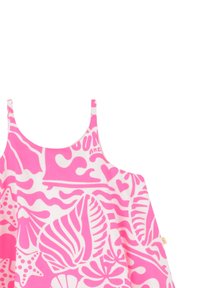 Robe sans manches rose sur fond blanc, ornée d'un motif abstrait audacieux de coquillages et de vagues. Tissu doux et coupe décontractée.