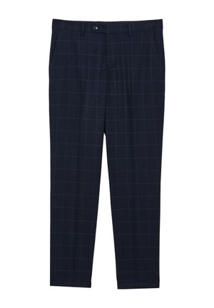 Pantaloni blu con un sottile motivo a quadri, realizzati in un tessuto liscio. Presentano tasche frontali e una chiusura a bottone con zip.