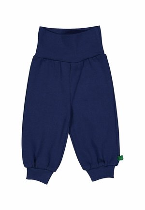 Marineblaue Kinderhosen aus weichem Stoff, mit einem breiten gerippten Bund, elastischen Säumen und einem kleinen grünen Etikett. 