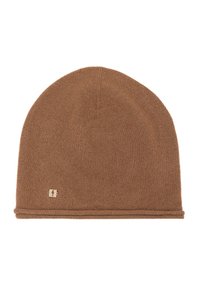 Brązowa dziana czapka z mankietem, wykonana z miękkiego, strukturalnego materiału, z małym metalowym logo po boku.