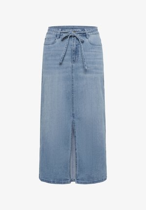 Hele sinine teksase maxi seelik, millel on ees avaus, nööriga vöökoht ja klassikaline viie taskuga disain. Sile tekstuur ja kulunud viimistlus.