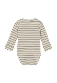 Bodysuit dla niemowląt z długim rękawem w kolorze kremowym, w cienkie brązowe poziome paski. Wykonany z miękkiej bawełny, z okrągłym dekoltem i zapięciem na napy.