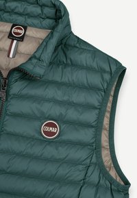 Gilet imbottito verde con colletto alto, dotato di chiusura con zip, fodera beige e un patch rotondo con logo sul davanti.