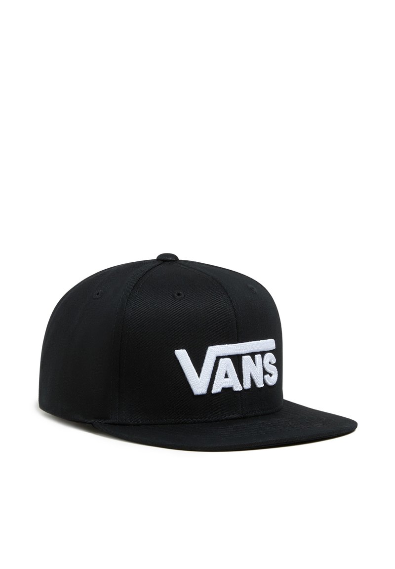 Berretto snapback nero con visiera piatta, caratterizzato da un logo "VANS" ricamato in bianco sul davanti. Realizzato in tessuto resistente con una texture liscia.