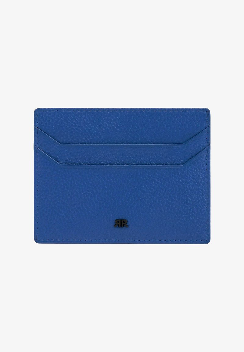Blue textured leather cardholder with two angled card slots and small black embossed "RR" logo at the bottom center.